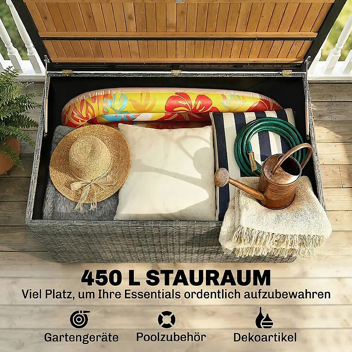 Outsunny Garten-Aufbewahrungsbox - Dunkelgrau - Offene graue Rattan-Optik-Aufbewahrungsbox mit Holzdeckel, gefüllt mit Garten-, Pool- und Dekoartikeln.
