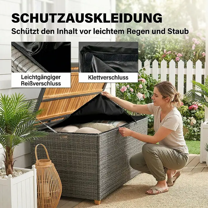 Outsunny Garten-Aufbewahrungsbox - Dunkelgrau - Frau öffnet graue Polyrattan-Truhe mit schwarzer Schutzauskleidung, die Reißverschluss und Klettverschluss zum Schutz des Inhalts hat.