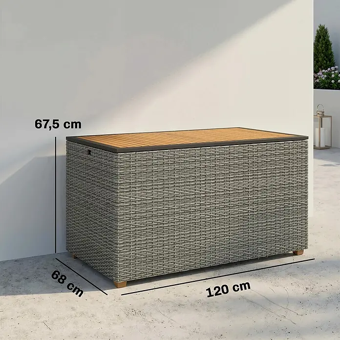 Outsunny Garten-Aufbewahrungsbox - Dunkelgrau - Graue Outdoor-Aufbewahrungsbox im Rattan-Look mit Holzdeckel, Maße 67,5 cm H, 68 cm T, 120 cm B.