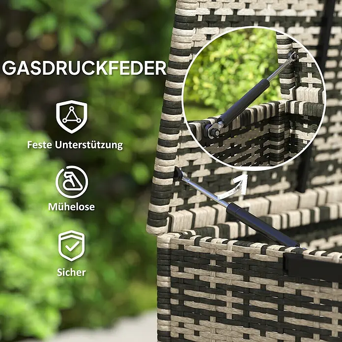 Outsunny Garten-Aufbewahrungsbox - L x B x H: 118 x 57 x 69 cm, Mischgrau, Stahl - Geflochtene Rattan-Aufbewahrungsbox mit offenem Deckel, gestützt von Gasdruckfedern für festen, mühelosen und sicheren Halt.