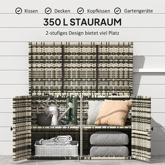 Outsunny Garten-Aufbewahrungsbox - L x B x H: 118 x 57 x 69 cm, Mischgrau, Stahl - Offene Aufbewahrungsbox im Rattan-Look mit zwei Regalböden, gefüllt mit Kissen und Gartengeräten. 350L Stauraum.