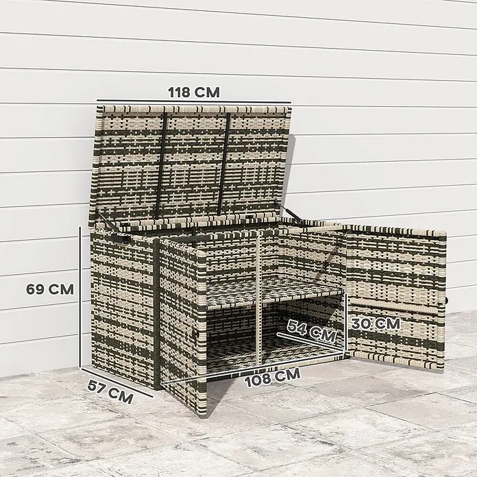 Outsunny Garten-Aufbewahrungsbox - L x B x H: 118 x 57 x 69 cm, Mischgrau, Stahl - Zweifarbige schwarz-beige Outdoor-Aufbewahrungsbox aus Polyrattan mit offenem Deckel und Seitentür, die Regalböden zeigt.