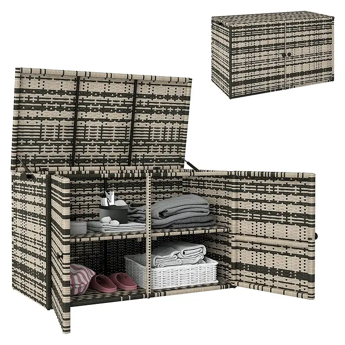 Outsunny Garten-Aufbewahrungsbox - L x B x H: 118 x 57 x 69 cm, Mischgrau, Stahl - Beige-schwarzer Polyrattan-Aufbewahrungsschrank, offen mit Handtüchern auf Regalen, und eine kleinere geschlossene Ansicht.