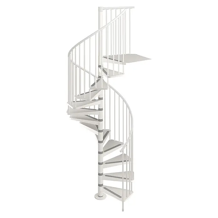 Scrigno Escalera de caracol Flow - Blanco, Diámetro: 140 cm, Altura de planta: 273 cm - 299 cm - Escalera de caracol blanca con tiras antideslizantes grises en los escalones y poste central de soporte.