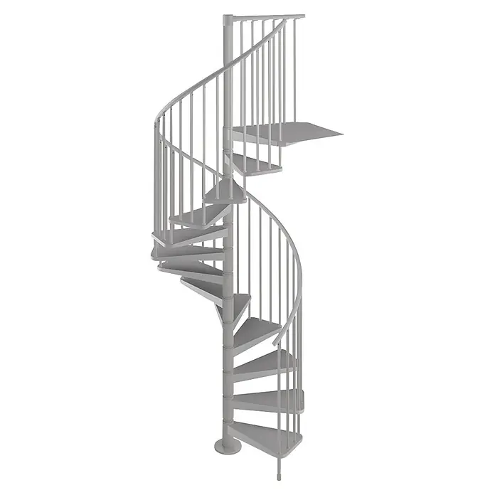 Scrigno Escalera de caracol Flow - Plata, Diámetro: 140 cm, Altura de planta: 273 cm - 299 cm - Escalera de caracol metálica gris claro con poste central, escalones triangulares y barandilla.