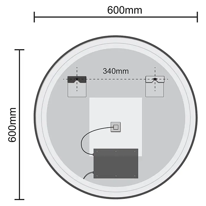 LOMAZOO Lichtspiegel LMZ-LONDON - Durchmesser: 60 cm, Gold - Technische Zeichnung der Rückseite eines 600mm runden Spiegels, mit Befestigungspunkten (340mm Abstand) und elektrischen Komponenten.