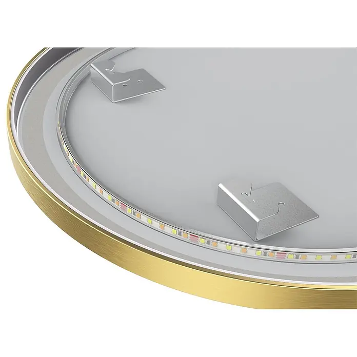 LOMAZOO Lichtspiegel LMZ-MIAMI - Durchmesser: 70 cm, Gold - Runde LED-Leuchte mit goldenem Rahmen, innenliegendem LED-Band und silbernen Montagebügeln.