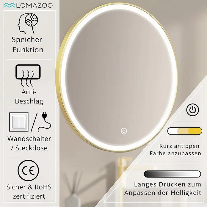 LOMAZOO Lichtspiegel LMZ-MIAMI - Durchmesser: 70 cm, Gold - Runder LED-Spiegel mit Goldrahmen, Speicherfunktion, Antibeschlag und Touch-Steuerung für Farbe und Helligkeit.