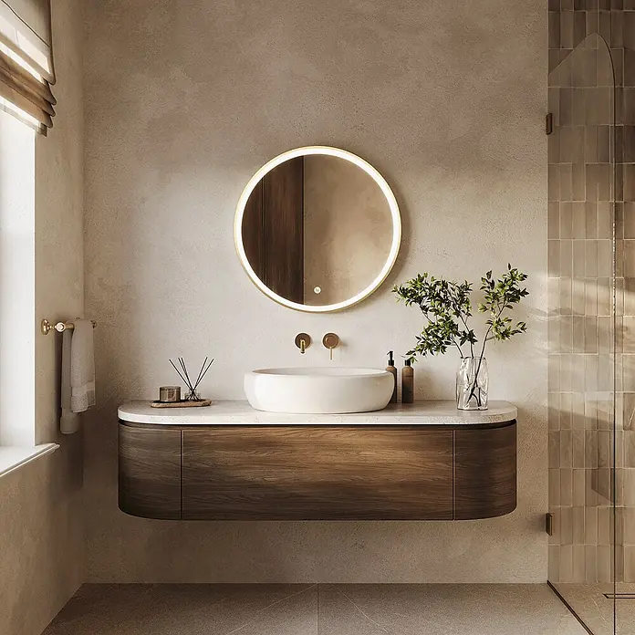 LOMAZOO Lichtspiegel LMZ-MIAMI - Durchmesser: 70 cm, Gold - Moderner schwebender Waschtisch mit dunklem Holzschrank, weißer Arbeitsplatte und rundem Aufsatzwaschbecken.