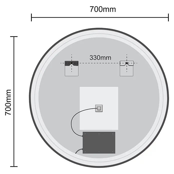 LOMAZOO Lichtspiegel LMZ-MIAMI - Durchmesser: 70 cm, Gold - Rückansicht eines runden LED-Spiegels (700mm), mit Montagehalterungen und elektrischen Anschlüssen.