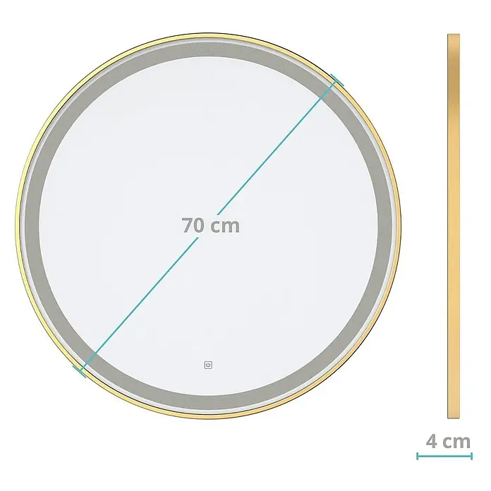 LOMAZOO Lichtspiegel LMZ-MIAMI - Durchmesser: 70 cm, Gold - Runder Spiegel mit goldenem Rahmen und beleuchtetem Rand, 70 cm Durchmesser, 4 cm tief. Mit Touch-Schalter.