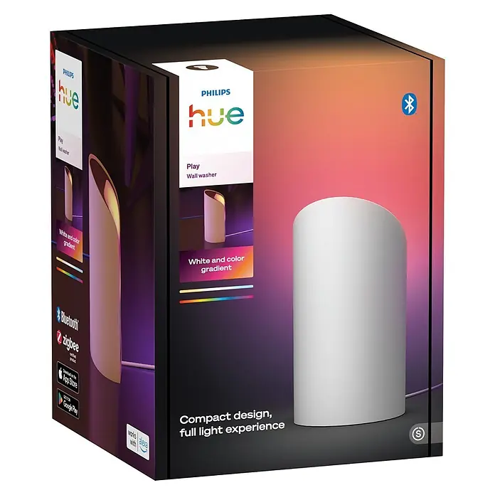 Philips Hue LED-Tischleuchte Play Wallwasher - L x B x H: 9,1 x 7,6 x 15,7 cm, Weiß, RGBW - Philips Hue Play Wandfluter in Verpackung. Weißes zylindrisches Smart Light mit Farbverlauf.