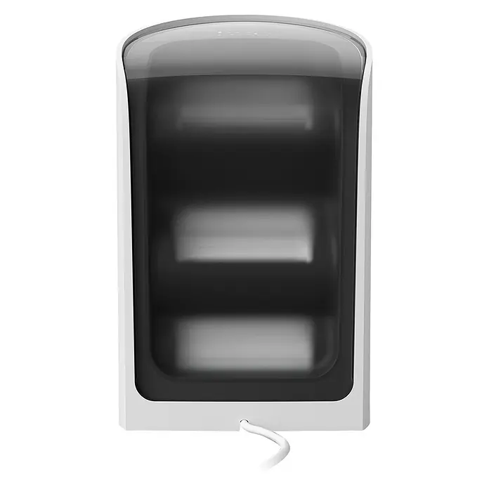 Philips Hue LED-Tischleuchte Play Wallwasher - L x B x H: 9,1 x 7,6 x 15,7 cm, Weiß, RGBW - Weiß-schwarzer automatischer Spender mit durchscheinender Front und Kabel unten.