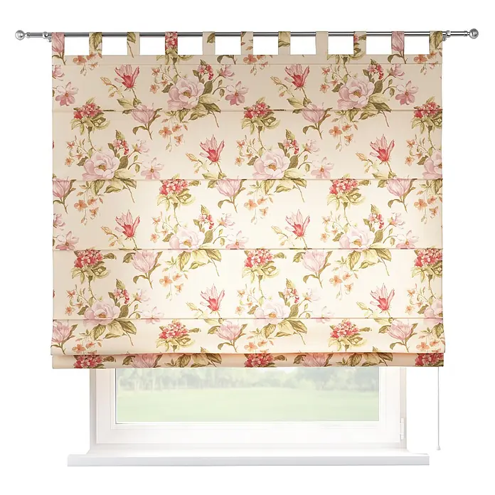 Dekoria Raffrollo -  - Florales Raffrollo in Creme mit rosa und roten Blumen, an einer silbernen Stange über einem Fenster.