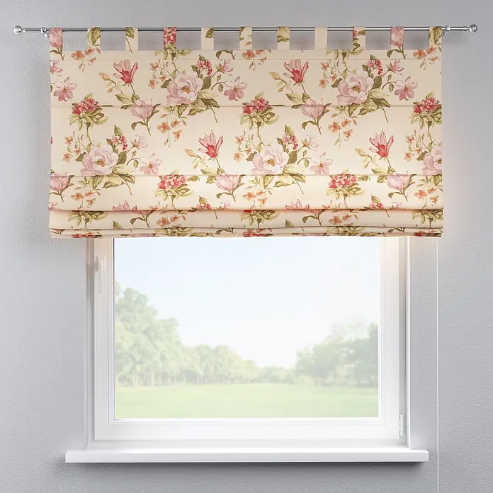 Dekoria Raffrollo -  - Florales Raffrollo mit Blumenmuster am Fenster.