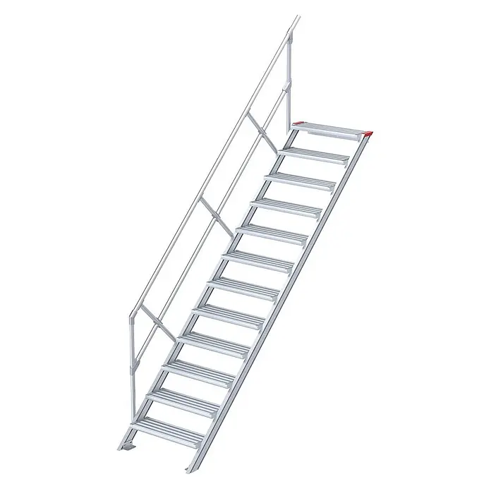 Euroline Außentreppe 510 Treppe 45° 800mm Stufenbreite 12 Stufen Alu gerieft - Anzahl Steigungen: 12 Stk. - Modulare silberfarbene Metall-Zugangstreppe mit einseitigem Geländer und geriffelten Stufen.