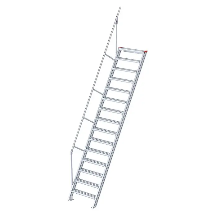 Euroline Außentreppe 510 Treppe 60° 600mm Stufenbreite 15 Stufen Alu gerieft - Anzahl Steigungen: 15 Stk. - Silberne Industriezutrittsleiter mit Handlauf und breiten, rutschfesten Stufen für schrägen Zugang.