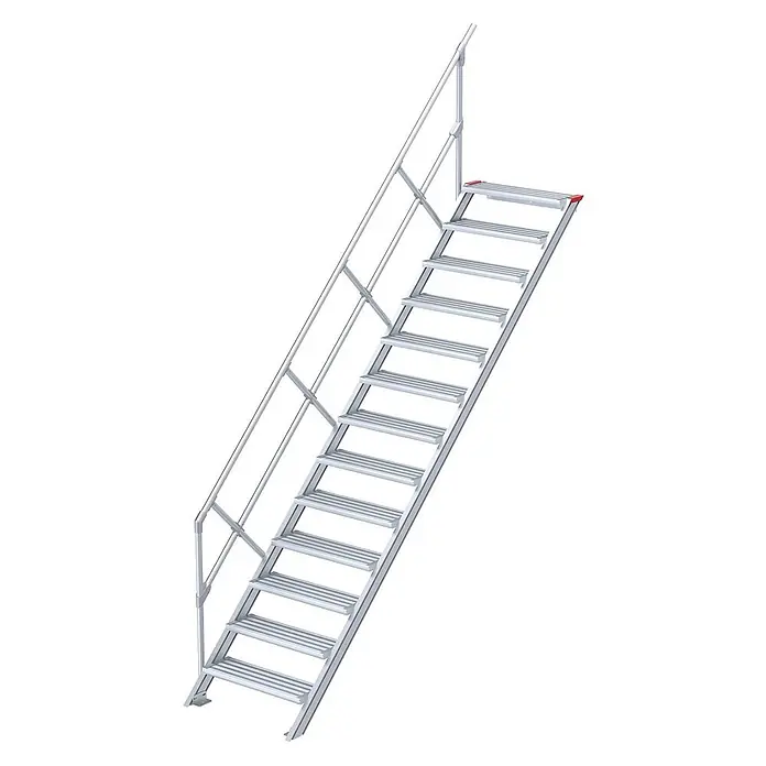 Euroline Außentreppe 510 Treppe 45° 800mm Stufenbreite 13 Stufen Alu gerieft - 80 cm, Anzahl Steigungen: 13 Stk. - Silberne modulare Aluminiumtreppe mit rutschfesten Stufen und Sicherheitsgeländer.