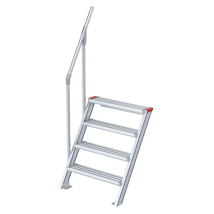 Euroline Außentreppe 510 Treppe 60° 1000mm Stufenbreite 4 Stufen Alu gerieft - Anzahl Steigungen: 4 Stk. - Vierstufige Aluminium-Zugangstreppe mit silbernem Handlauf und roten Sicherheitskappen.