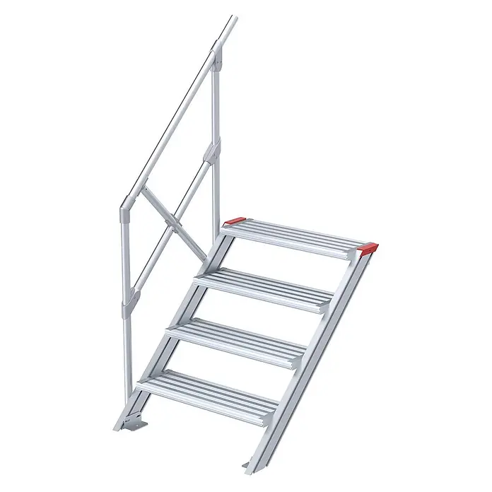Euroline Außentreppe 510 Treppe 45° 600mm Stufenbreite 4 Stufen Alu gerieft - Anzahl Steigungen: 4 Stk. - Silberne Aluminium-Zugangstreppe mit vier geriffelten Stufen und Handlauf, mit roten Akzenten.