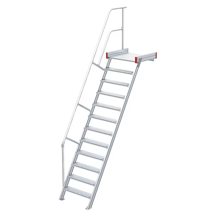 Euroline Außentreppe 511 Podesttreppe 60° 800mm Stufenbreite 12 Stufen Alu gerieft - Anzahl Steigungen: 12 Stk. - Silberne Aluminium-Zugangstreppe mit Geländern und oberer Plattform.