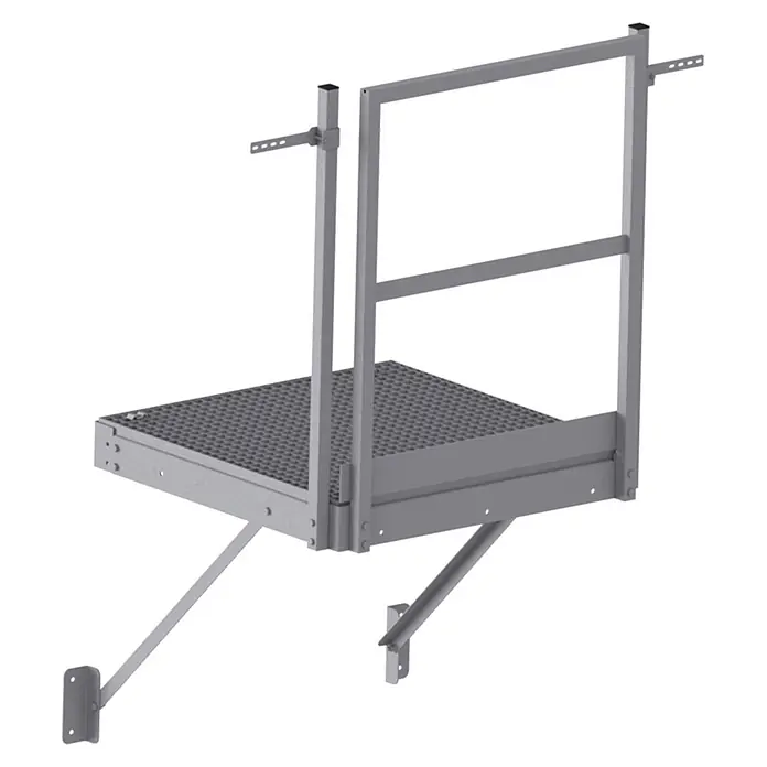 Hymer Arbeitsplattform Umstiegspodest - Stahl - Graue Metall-Wandplattform mit rutschfestem Gitterrost und Sicherheitsgeländer.