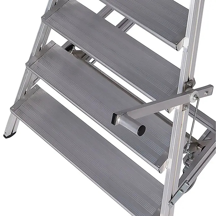 Euroline Arbeitsplattform Premium Plattformleiter mit Standfläche - Anzahl Tritte: 8 Stk., Aluminium - Tragbare Klappstufen aus silbernem Aluminium mit gerippten Trittflächen und Stützstange.