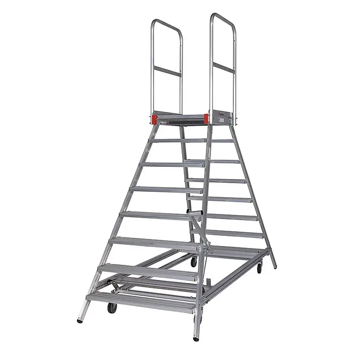 Euroline Arbeitsplattform Premium Plattformleiter mit Standfläche - Anzahl Tritte: 8 Stk., Aluminium - Verfahrbare Aluminium-Arbeitsplattform mit zwei Treppen, oberer Plattform, Handläufen und Rädern.