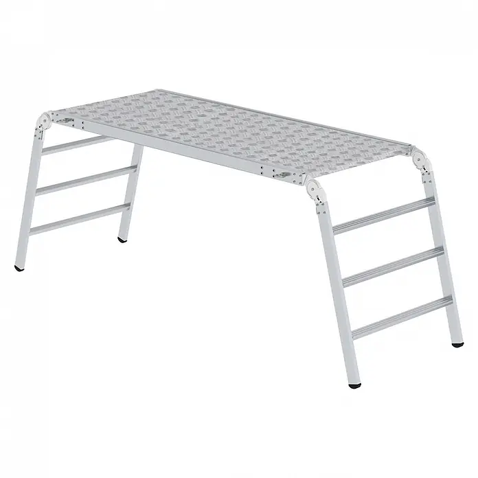 Munk Arbeitsplattform Arbeitsplattform klappbar - Anzahl Tritte: 4 Stk., Arbeitshöhe: 2.980 m, Aluminium - Silberfarbene klappbare Aluminium-Arbeitsplattform mit Riffelblech-Oberfläche und schwarzen Anti-Rutsch-Füßen.