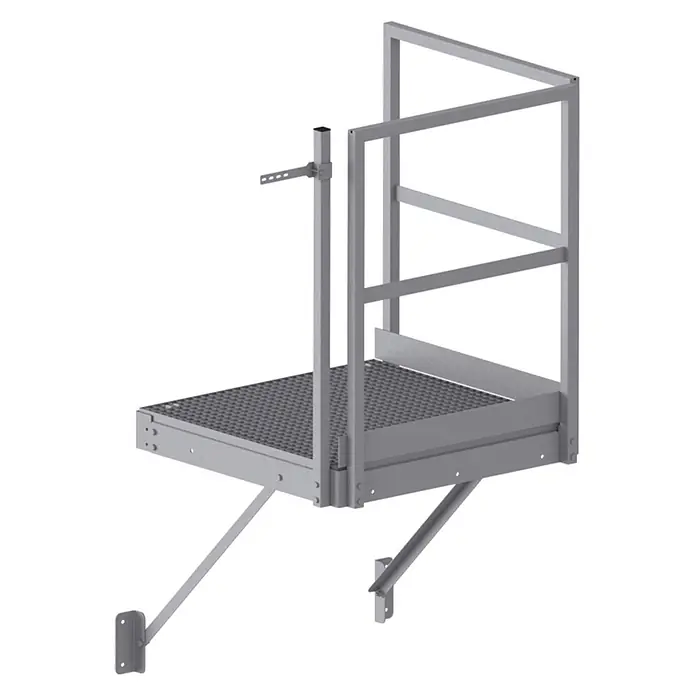 Hymer Arbeitsplattform Plattformleiter mit Standfläche - Stahl - Grau lackierte Metall-Wandplattform mit rutschfester Oberfläche und dreiseitigem Sicherheitsgeländer, gestützt durch Winkelstreben.