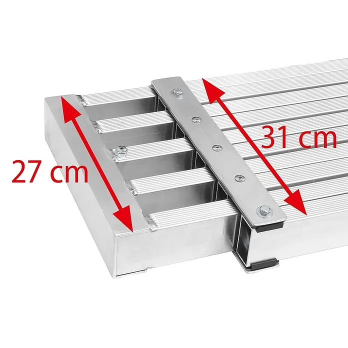 Hymer Arbeitsplattform Alu-Teleskop-Diele 1,79-2,9m Länge - Aluminium - Silbernes Aluminiumbrett, 27 cm breit und 31 cm lang, mit verschraubtem Verbindungsteil.