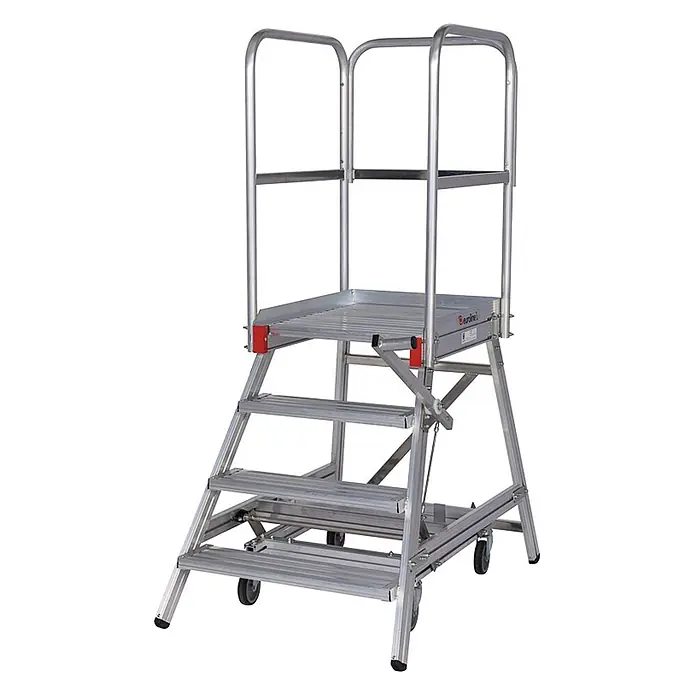 Euroline Arbeitsplattform Premium Plattformleiter mit Standfläche - Anzahl Tritte: 4 Stk., Aluminium - Mobile Arbeitsplattform aus silbernem Aluminium mit Stufen, breiter Plattform, Geländer und Rollen für sicheren Zugang.