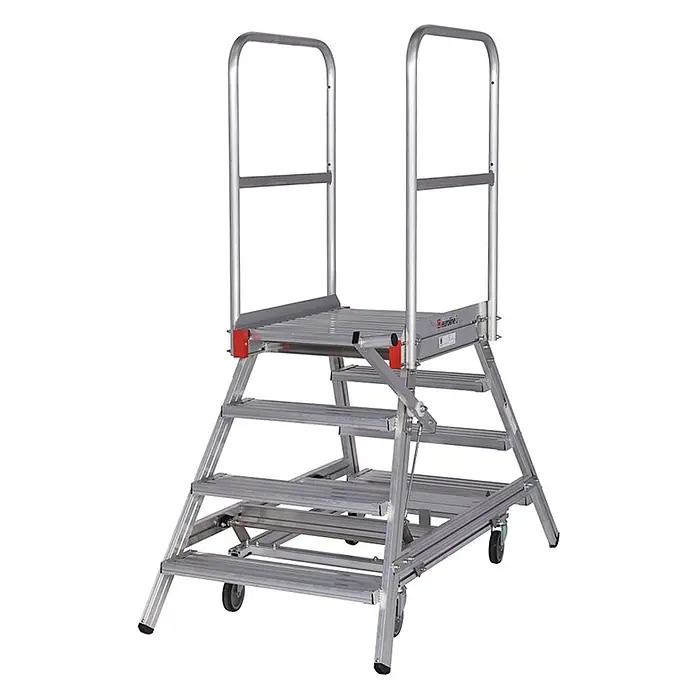Euroline Arbeitsplattform Premium Plattformleiter mit Standfläche - Anzahl Tritte: 4 Stk., Aluminium - Mobile Arbeitsplattform aus silbernem Aluminium mit mehreren Stufen, großer Plattform, Sicherheitsgeländern und Rollen.