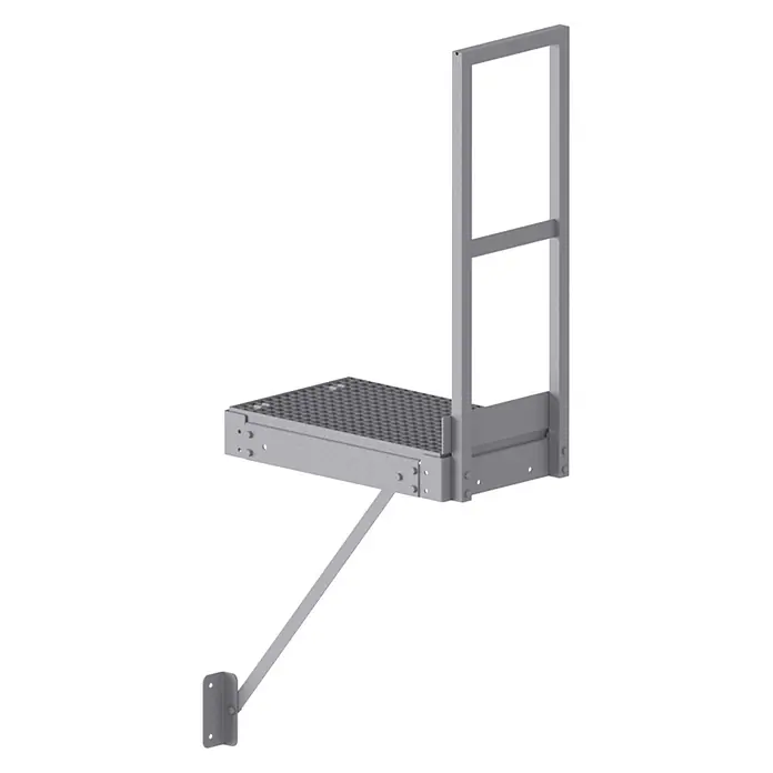 Hymer Arbeitsplattform Erweiterungspodest - Stahl - Graue wandmontierte Metallplattform mit perforierter Oberfläche, integriertem Geländer und Stützstrebe.