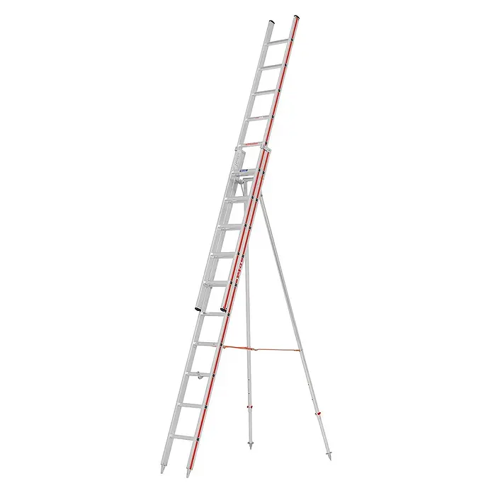Hymer Anlegeleiter Obstbaumleiter 2x10 Sprossen - Arbeitshöhe: 5.850 m - Silberne Aluminium-Anlegeleiter mit roten Akzenten, gestützt von einem verstellbaren Dreibein mit Spikes und orangefarbenem Sicherungsseil.