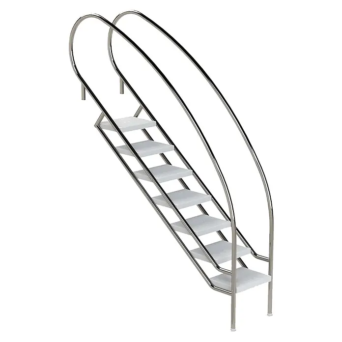 Ideal Eichenwald Anlegeleiter Pooltreppe Modell 08.2 Miami Swing Beckentiefe 1999mm Ausladung 2088mm 8 AB - Anzahl Tritte: 8 Stk., Belastbarkeit: 120 kg, Edelstahl - Edelstahl-Poolleiter mit weißen Stufen und gebogenen Handläufen.