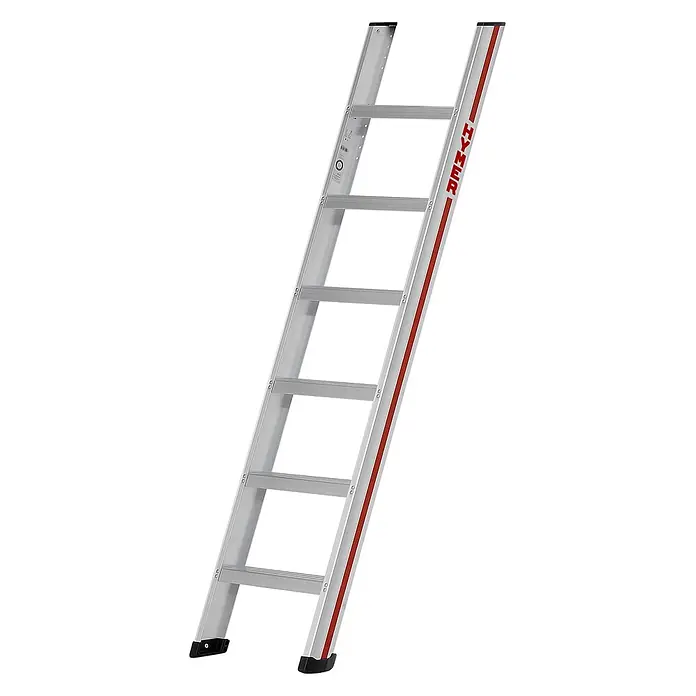 Hymer Anlegeleiter Stufenanlegeleiter mit 8-fach vollvernieteter Stufen 6 Stufen - Anzahl Tritte: 6 Stk., Arbeitshöhe: 2.780 m, Aluminium - Silberne Aluminiumleiter mit roten Akzenten und 'HYMER'-Branding, mit breiten, geriffelten Sprossen und schwarzen Endkappen.