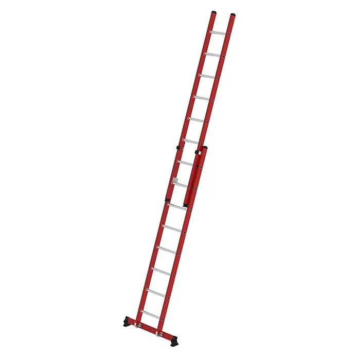 Munk Anlegeleiter Sprossen-Schiebeleiter 2-teilig GFK/Alu mit nivello®-Traverse 2x8 Sprossen - Arbeitshöhe: 5.300 m, Kunststoff - Rote Ausziehleiter mit silbernen Sprossen, für verstellbare Höhenzugänge.