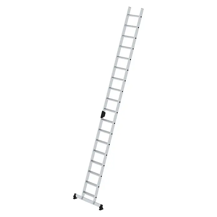 Munk Anlegeleiter Stufenanlegeleiter mit nivello-Traverse und Ergo-Pad 18 Stufen - Anzahl Tritte: 18 Stk., Arbeitshöhe: 5.800 m, Belastbarkeit: 150 kg, Aluminium - Silberne Aluminium-Ausziehleiter mit schwarzen rutschfesten Füßen und schwarzem Verriegelungsmechanismus.
