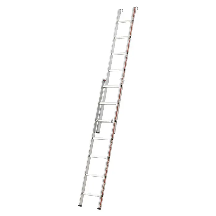 Hymer Anlegeleiter Einhänge-Schiebeleiter mit Einhängehaken 2x7 Sprossen - Arbeitshöhe: 4.350 m, Aluminium - Silberne Aluminium-Ausziehleiter mit oberen Haken und sichtbarem HYMER-Streifen.