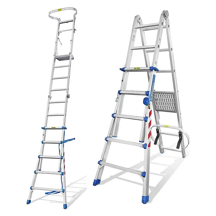 Mauderer Anlegeleiter Bavaria LKW Enteisungsleiter 991 mit einem Stahlbolzengelenk 3x5 Sprossen - Anzahl Tritte: 5 Stk., Arbeitshöhe: 4.150 m, Belastbarkeit: 150 kg, Aluminium - Vielseitige Aluminiumleiter mit blauen Akzenten, umwandelbar als Anlege- und Stehleiter, mit Plattform und 150 kg Traglast.