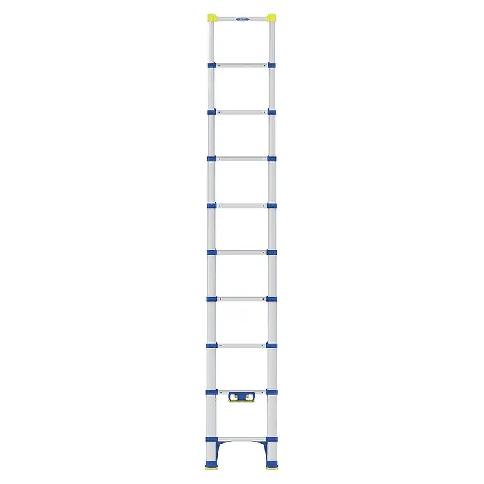 Werner Anlegeleiter Teleskop Anlegeleiter 2,90m - Anzahl Tritte: 10 Stk., Arbeitshöhe: 3.670 m, Aluminium - Aluminium-Teleskopleiter mit blauen und gelben Akzenten.