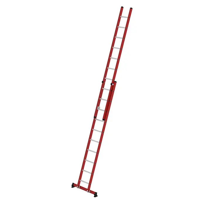 Munk Anlegeleiter Sprossen-Schiebeleiter 2-teilig GFK/Alu mit nivello®-Traverse 2x10 Sprosse - Arbeitshöhe: 6.100 m, Kunststoff - Rote Fiberglas-Ausziehleiter mit Metallsprossen und stabilisierenden Füßen.