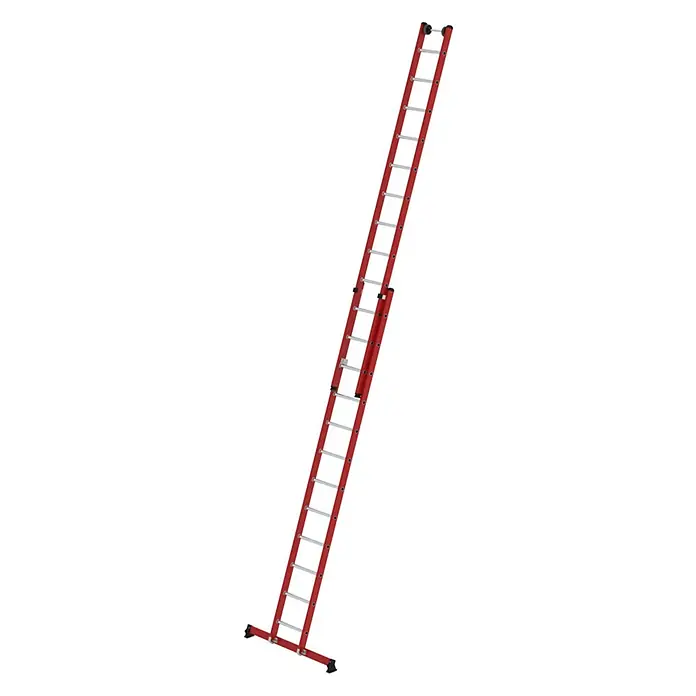 Munk Anlegeleiter Sprossen-Schiebeleiter 2-teilig GFK/Alu mit nivello®-Traverse 2x12 Sprosse - Arbeitshöhe: 7.200 m, Kunststoff - Rote Ausziehleiter mit silbernen Sprossen, breitem Stabilisatorfuß und oberen Rollen.