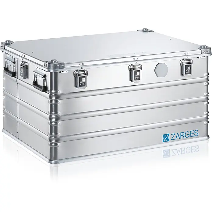 Zarges Aufbewahrungsbox Universalkiste K470 IP 67 Aluminium 259 l - Aluminium - Silberne gerippte Aluminium-Lagerbox mit schwarzen Griffen und vier Verschlüssen, Marke Zarges K470.