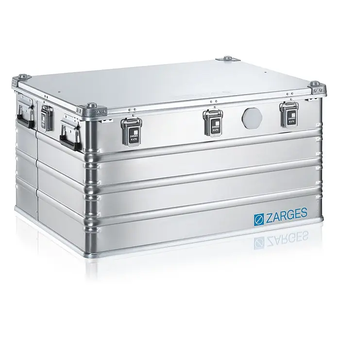 Zarges Aufbewahrungsbox - Aluminium - Robuster silberner Aluminium-Transportkoffer mit Verschlüssen und Griffen für sichere Lagerung und Transport.