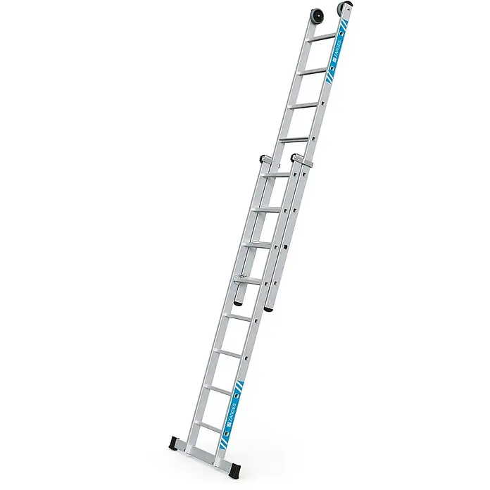 Zarges Anlegeleiter Schiebeleiter Everest Plus 2E 2x8 Stufen - Anzahl Tritte: 8 Stk., Arbeitshöhe: 4.900 m, Aluminium - Silberne Aluminium-Anlegeleiter mit zwei Abschnitten, oben Rollen und schwarzen Antirutschfüßen.