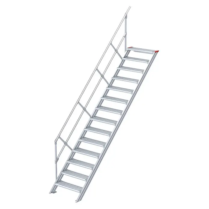 Euroline Außentreppe 510 Treppe 45° 1000mm Stufenbreite 14 Stufen Alu gerieft - 100 cm, Anzahl Steigungen: 14 Stk. - Silberne Aluminium-Zugangstreppe mit Geländer und roten Kappen für temporären erhöhten Zugang.
