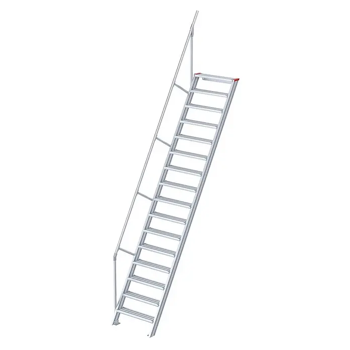 Euroline Außentreppe 510 Treppe 60° 600mm Stufenbreite 16 Stufen Alu gerieft - Anzahl Steigungen: 16 Stk. - Schräge silberne Aluminium-Zugangstreppe mit gerillten, flachen Stufen und einem Handlauf auf der linken Seite.