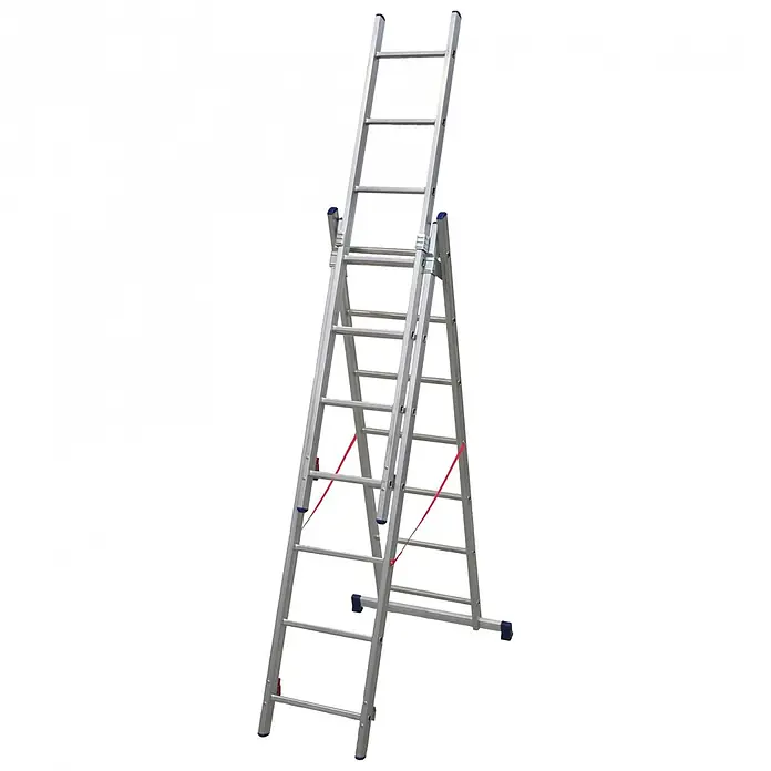 Facal Mehrzweckleiter Mehrzweckleiter STILO S100 3x6 Sprossen - Anzahl Tritte: 6 Stk., Arbeitshöhe: 4.880 m, Aluminium - Silberne Aluminium-Mehrzweckleiter, wandelbar, mit blauen Kappen und roten Sicherheitsgurten.